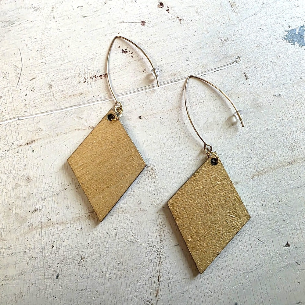 Handmade Abstract Wood Statement Earrings OOAK Taupe Brown Gold Metallic Dangles - Picture 5 of 7